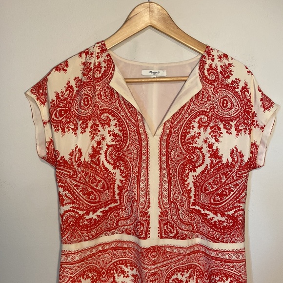 Madewell Red and cream 100% Silk Paisley Tunic Dress Fully Lined Size XS - Picture 3 of 8